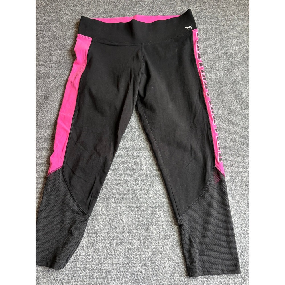 Victoria's Secret PINK Black Pink Mesh Crop Leggings Women Large Logo Activewear